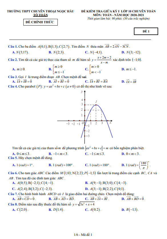 Đề giữa kỳ 1 Toán 10 chuyên năm 2020 – 2021 trường chuyên Thoại Ngọc Hầu – An Giang