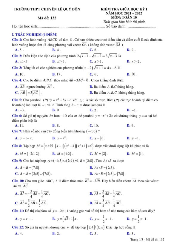 Đề giữa kỳ 1 Toán 10 năm 2021 – 2022 trường chuyên Lê Quý Đôn – Khánh Hòa