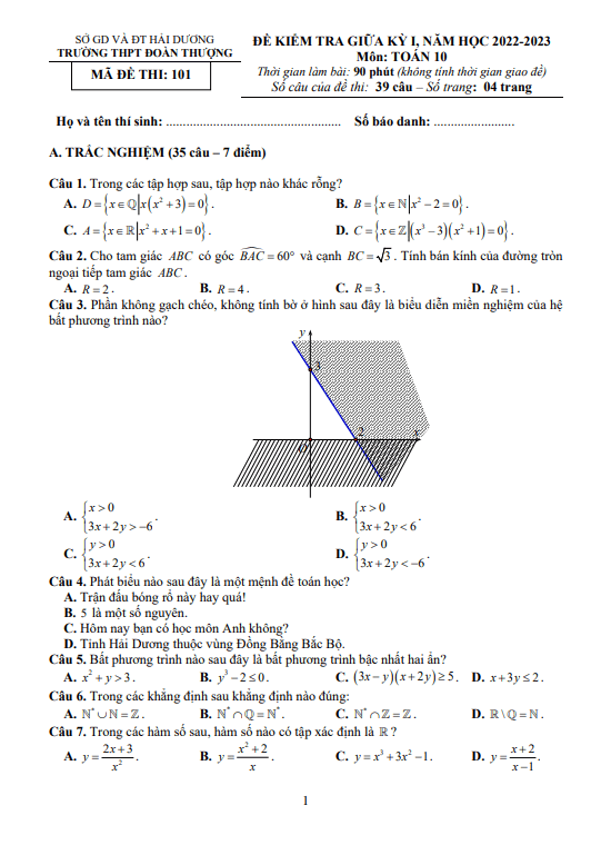 Đề giữa kỳ 1 Toán 10 năm 2022 – 2023 trường THPT Đoàn Thượng – Hải Dương