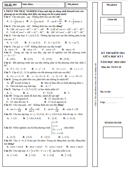 Đề giữa kỳ 1 Toán 10 năm 2022 – 2023 trường THPT Hương Khê – Hà Tĩnh