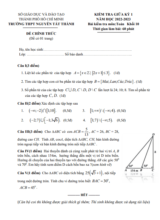 Đề giữa kỳ 1 Toán 10 năm 2022 – 2023 trường THPT Nguyễn Tất Thành – TP HCM
