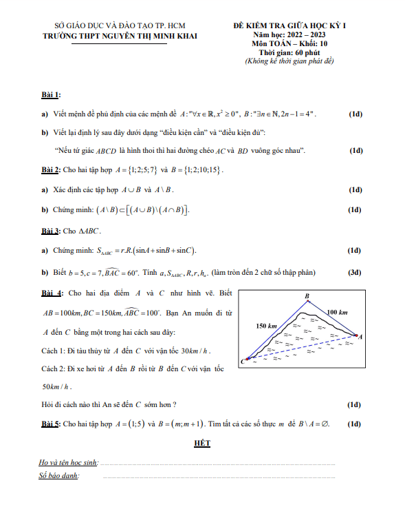 Đề giữa kỳ 1 Toán 10 năm 2022 – 2023 trường THPT Nguyễn Thị Minh Khai – TP HCM
