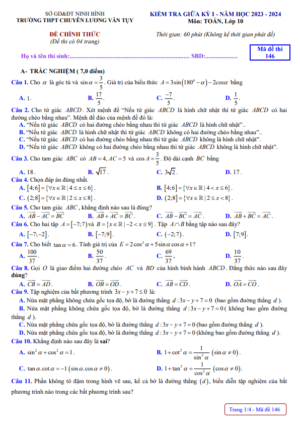 Đề giữa kỳ 1 Toán 10 năm 2023 – 2024 trường chuyên Lương Văn Tụy – Ninh Bình