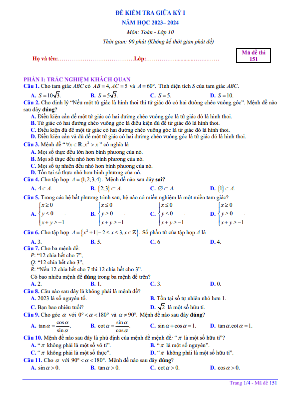 Đề giữa kỳ 1 Toán 10 năm 2023 – 2024 trường THPT chuyên Quốc học Huế