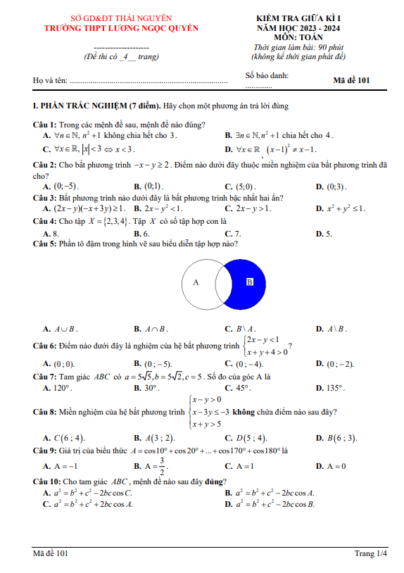 Đề giữa kỳ 1 Toán 10 năm 2023 – 2024 trường THPT Lương Ngọc Quyến – Thái Nguyên