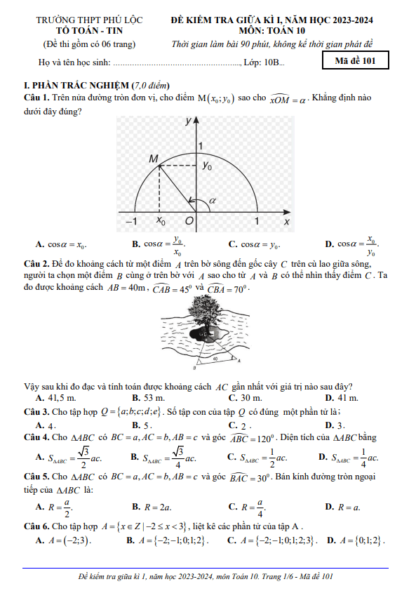 Đề giữa kỳ 1 Toán 10 năm 2023 – 2024 trường THPT Phú Lộc – TT Huế