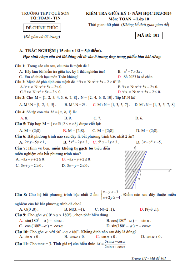 Đề giữa kỳ 1 Toán 10 năm 2023 – 2024 trường THPT Quế Sơn – Quảng Nam