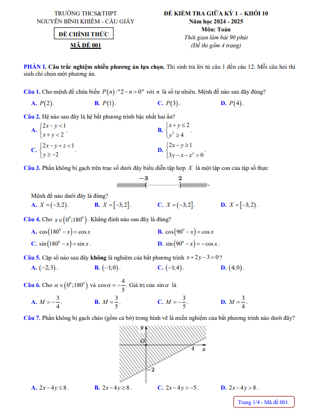 Đề giữa kỳ 1 Toán 10 năm 2024 – 2025 trường Nguyễn Bỉnh Khiêm – Hà Nội