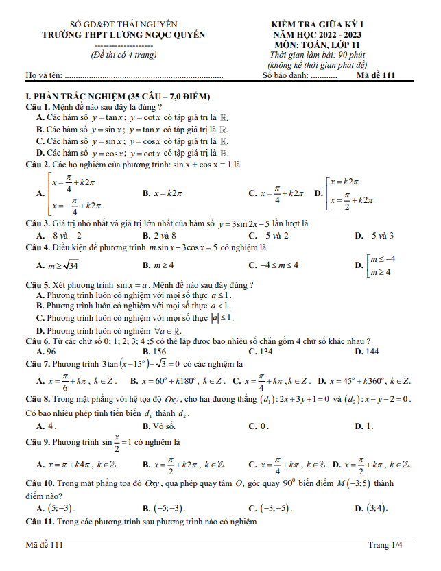 Đề giữa kỳ 1 Toán 11 năm 2022 – 2023 THPT Lương Ngọc Quyến – Thái Nguyên