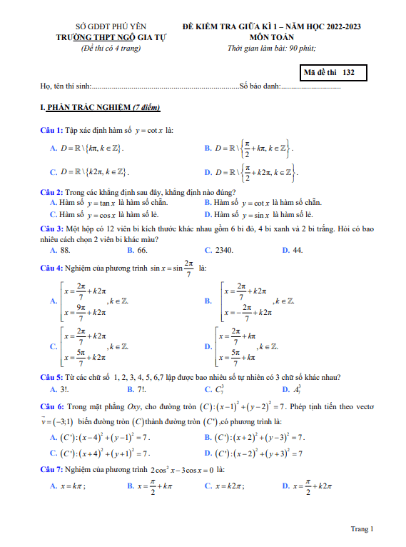 Đề giữa kỳ 1 Toán 11 năm 2022 – 2023 trường THPT Ngô Gia Tự – Phú Yên