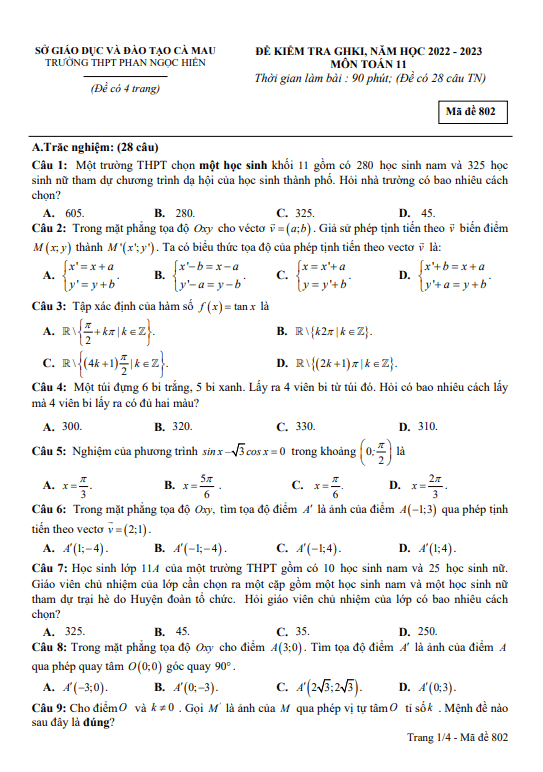 Đề giữa kỳ 1 Toán 11 năm 2022 – 2023 trường THPT Phan Ngọc Hiển – Cà Mau