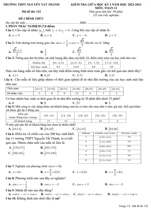 Đề giữa kỳ 1 Toán 11 năm 2023 – 2024 trường THPT Nguyễn Tất Thành – Đắk Nông