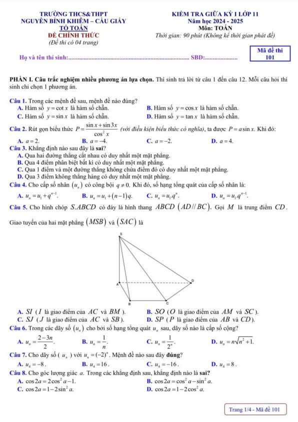 Đề giữa kỳ 1 Toán 11 năm 2024 – 2025 trường Nguyễn Bỉnh Khiêm – Hà Nội