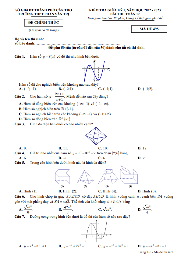Đề giữa kỳ 1 Toán 12 năm 2022 – 2023 trường THPT Phan Văn Trị – Cần Thơ