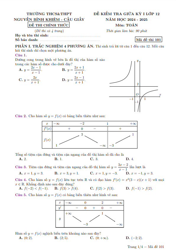 Đề giữa kỳ 1 Toán 12 năm 2024 – 2025 trường Nguyễn Bỉnh Khiêm – Hà Nội