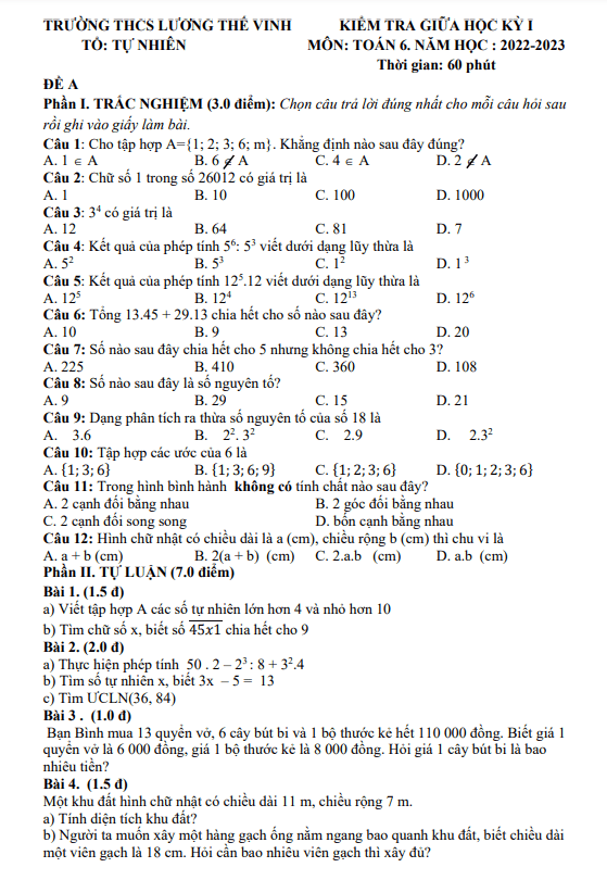 Đề giữa kỳ 1 Toán 6 năm 2022 – 2023 trường THCS Lương Thế Vinh – Quảng Nam