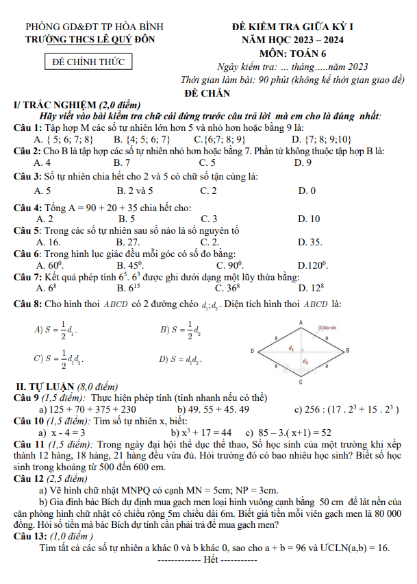 Đề giữa kỳ 1 Toán 6 năm 2023 – 2024 trường THCS Lê Quý Đôn – Hòa Bình