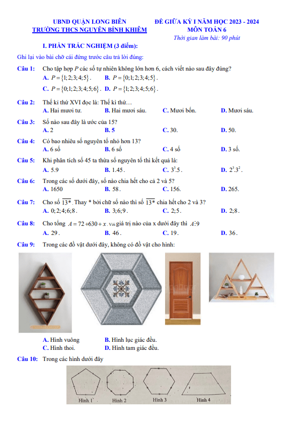 Đề giữa kỳ 1 Toán 6 năm 2023 – 2024 trường THCS Nguyễn Bỉnh Khiêm – Hà Nội