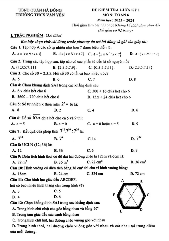Đề giữa kỳ 1 Toán 6 năm 2023 – 2024 trường THCS Văn Yên – Hà Nội