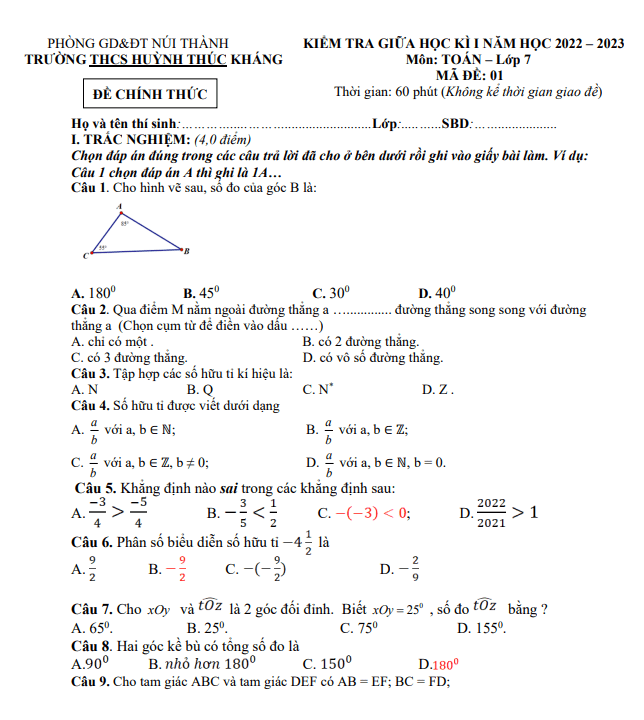 Đề giữa kỳ 1 Toán 7 năm 2022 – 2023 trường THCS Huỳnh Thúc Kháng – Quảng Nam