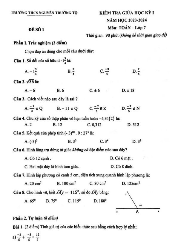 Đề giữa kỳ 1 Toán 7 năm 2023 – 2024 trường THCS Nguyễn Trường Tộ – Hà Nội