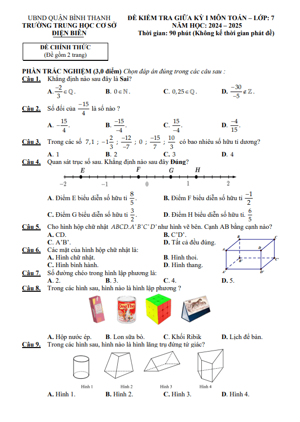 Đề giữa kỳ 1 Toán 7 năm 2024 – 2025 trường THCS Điện Biên – TP HCM