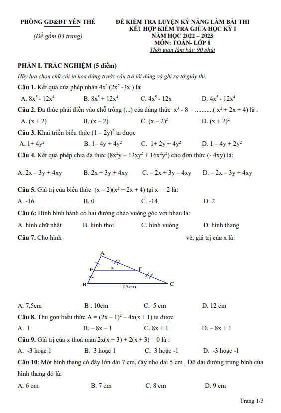 Đề giữa kỳ 1 Toán 8 năm 2022 – 2023 phòng GD&ĐT Yên Thế – Bắc Giang