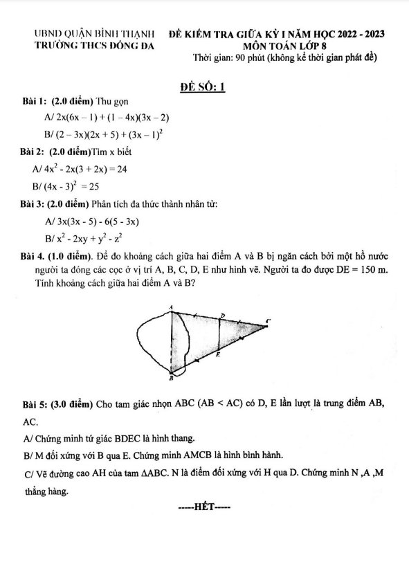 Đề giữa kỳ 1 Toán 8 năm 2022 – 2023 trường THCS Đống Đa – TP HCM