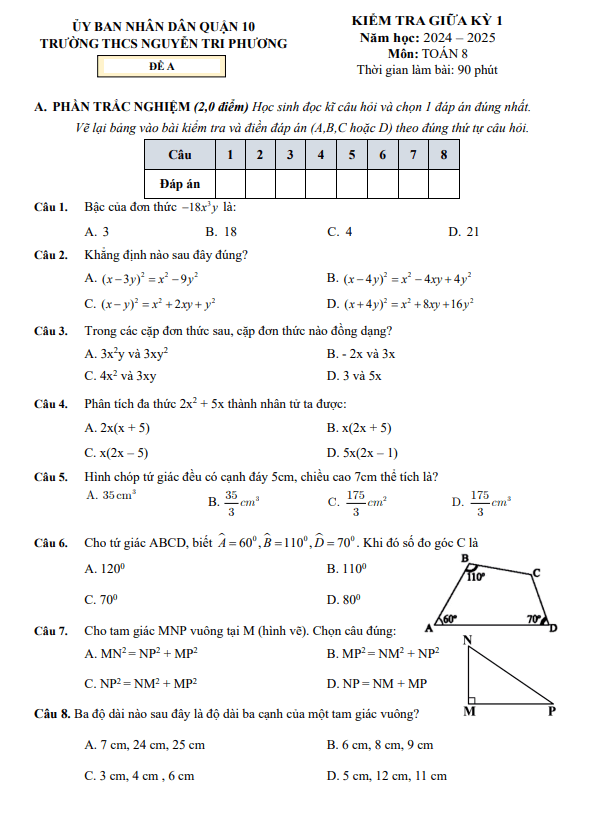Đề giữa kỳ 1 Toán 8 năm 2024 – 2025 trường THCS Nguyễn Tri Phương – TP HCM