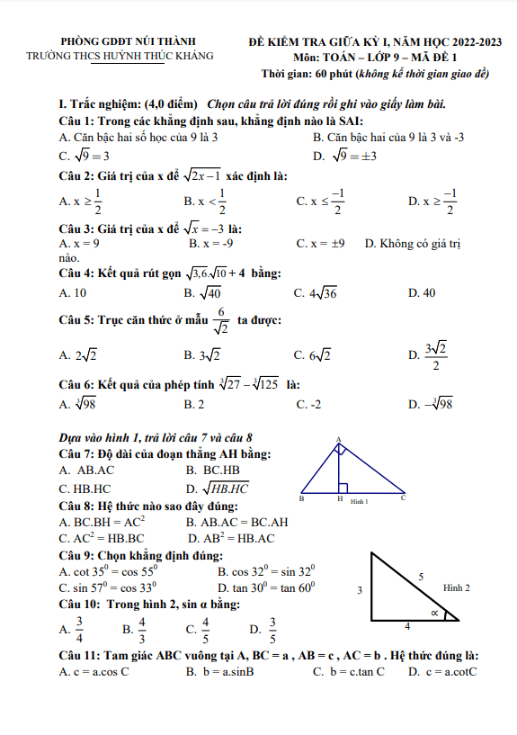 Đề giữa kỳ 1 Toán 9 năm 2022 – 2023 trường THCS Huỳnh Thúc Kháng – Quảng Nam