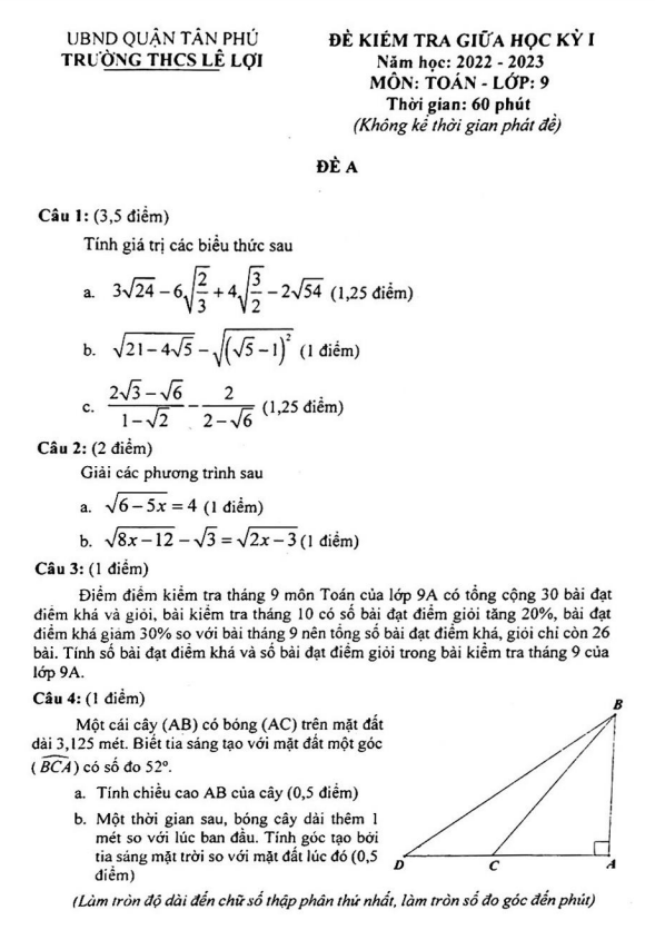 Đề giữa kỳ 1 Toán 9 năm 2022 – 2023 trường THCS Lê Lợi – TP HCM