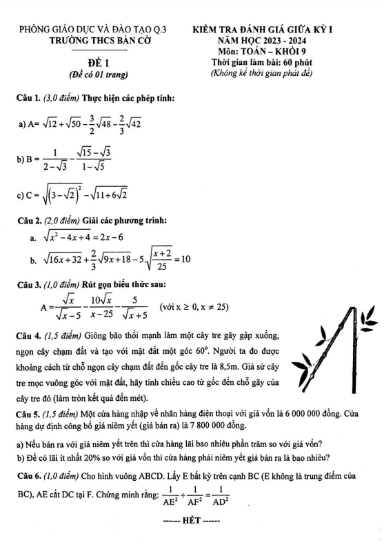 Đề giữa kỳ 1 Toán 9 năm 2023 – 2024 trường THCS Bàn Cờ – TP HCM