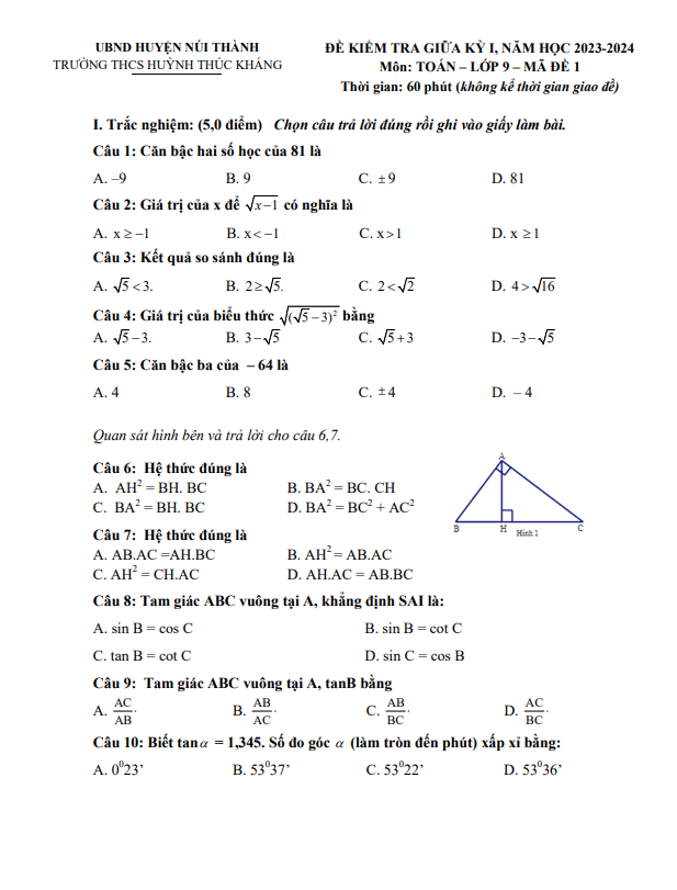 Đề giữa kỳ 1 Toán 9 năm 2023 – 2024 trường THCS Huỳnh Thúc Kháng – Quảng Nam