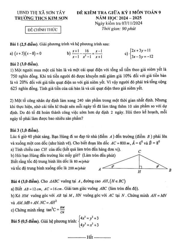 Đề giữa kỳ 1 Toán 9 năm 2024 – 2025 trường THCS Kim Sơn – Hà Nội