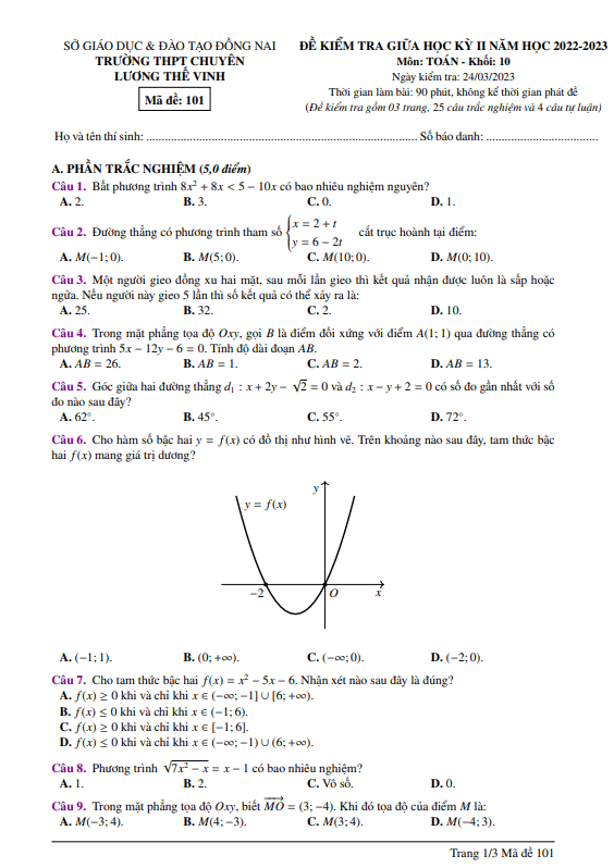 Đề giữa kỳ 2 Toán 10 năm 2022 – 2023 trường chuyên Lương Thế Vinh – Đồng Nai