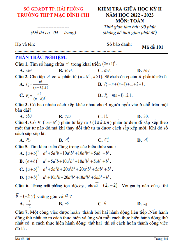 Đề giữa kỳ 2 Toán 10 năm 2022 – 2023 trường THPT Mạc Đĩnh Chi – Hải Phòng