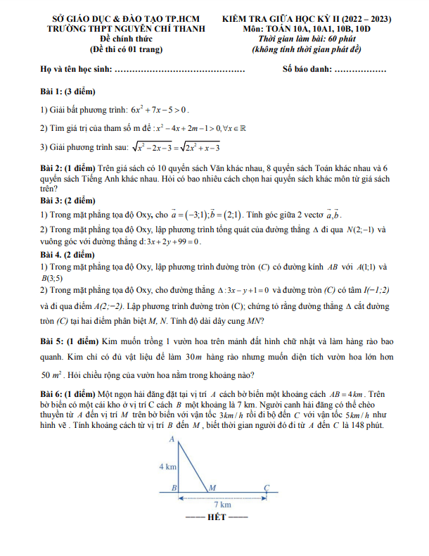 Đề giữa kỳ 2 Toán 10 năm 2022 – 2023 trường THPT Nguyễn Chí Thanh – TP HCM