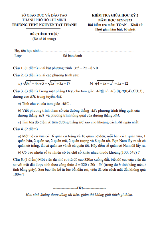 Đề giữa kỳ 2 Toán 10 năm 2022 – 2023 trường THPT Nguyễn Tất Thành – TP HCM
