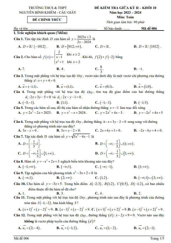 Đề giữa kỳ 2 Toán 10 năm 2023 – 2024 trường Nguyễn Bỉnh Khiêm – Hà Nội
