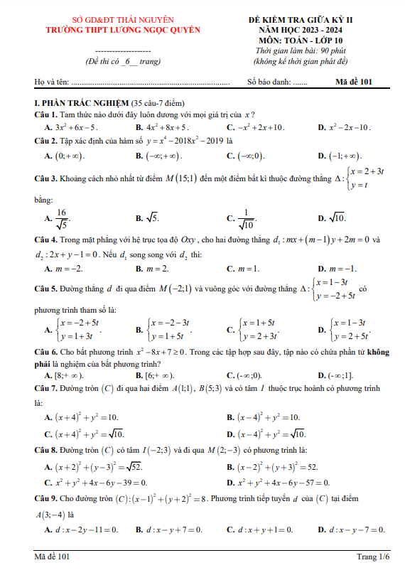 Đề giữa kỳ 2 Toán 10 năm 2023 – 2024 trường THPT Lương Ngọc Quyến – Thái Nguyên