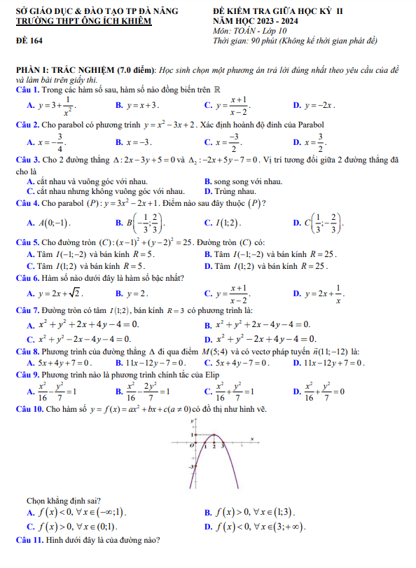 Đề giữa kỳ 2 Toán 10 năm 2023 – 2024 trường THPT Ông Ích Khiêm – Đà Nẵng