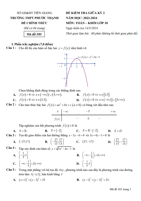 Đề giữa kỳ 2 Toán 10 năm 2023 – 2024 trường THPT Phước Thạnh – Tiền Giang