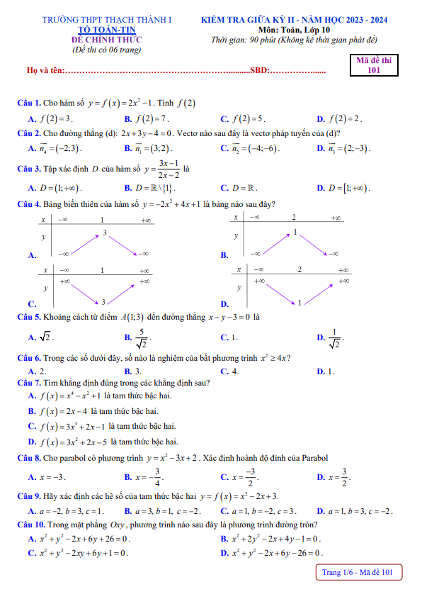 Đề giữa kỳ 2 Toán 10 năm 2023 – 2024 trường THPT Thạch Thành 1 – Thanh Hóa