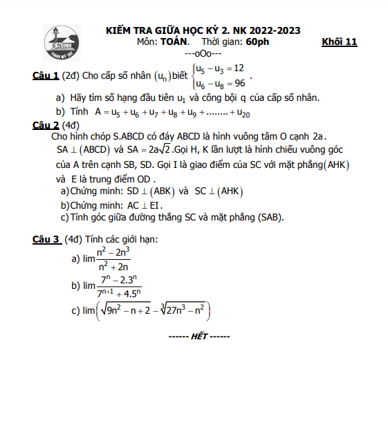 Đề giữa kỳ 2 Toán 11 năm 2022 – 2023 trường THPT Gia Định – TP HCM