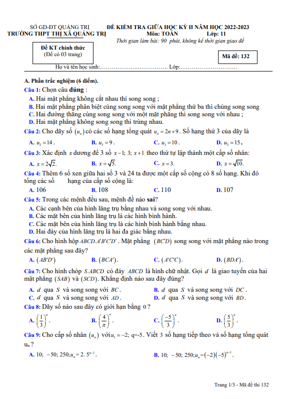 Đề giữa kỳ 2 Toán 11 năm 2022 – 2023 trường THPT Thị xã Quảng Trị