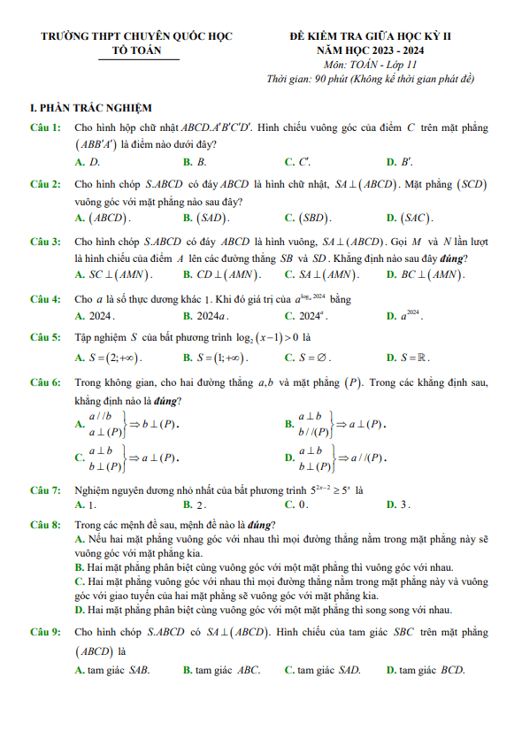 Đề giữa kỳ 2 Toán 11 năm 2023 – 2024 trường THPT chuyên Quốc học Huế