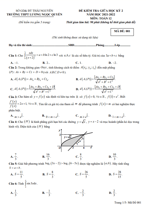 Đề giữa kỳ 2 Toán 12 năm 2021 – 2022 trường Lương Ngọc Quyến – Thái Nguyên
