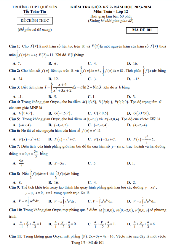 Đề giữa kỳ 2 Toán 12 năm 2023 – 2024 trường THPT Quế Sơn – Quảng Nam