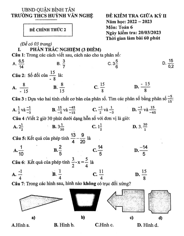 Đề giữa kỳ 2 Toán 6 năm 2022 – 2023 trường THCS Huỳnh Văn Nghệ – TP HCM