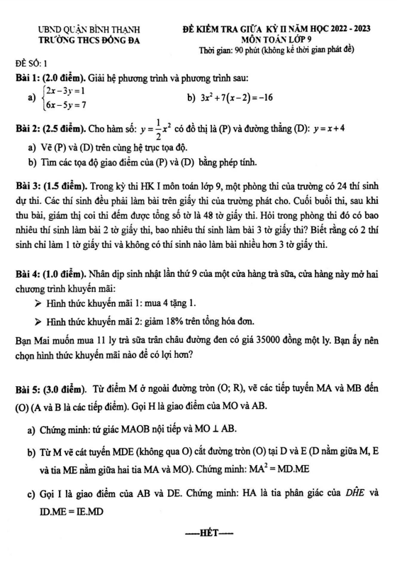 Đề giữa kỳ 2 Toán 9 năm 2022 – 2023 trường THCS Đống Đa – TP HCM